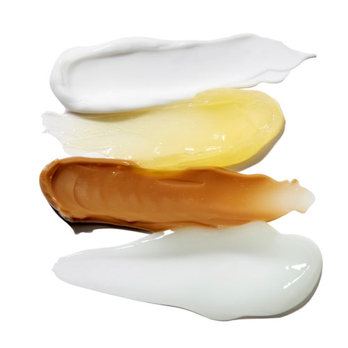 An image showcasing an array of Blithe Pressed Serums, each displaying its unique and luxurious texture, highlighting the rich and diverse formulations designed to cater to various skincare needs.