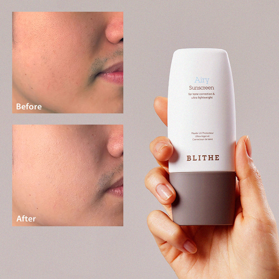 sunscreen blithe cosmetic beauty k-beauty sun care natural vegan Korean skincare brand before and after results tone correction and ultra lightweight 
