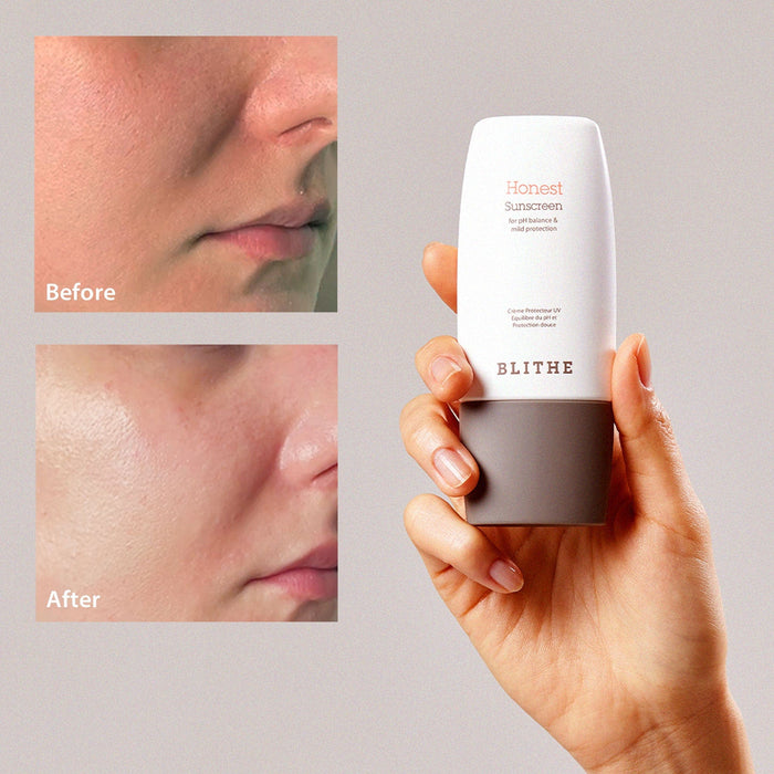 Transformative Blithe skincare products delivering remarkable results: Before and after image showcasing visibly improved skin texture, tone, and radiance