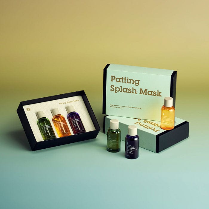 Patting Splash Mask gift sets on a blue surface