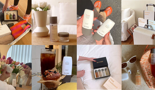 A creative collage featuring a collection of customer photos, each showcasing Blithe products in various settings, illustrating the widespread love and unique experiences of the Blithe community.