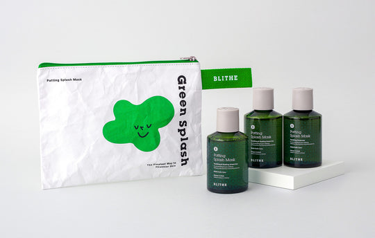 Blithe Patting Splash Mask Soothing and Healing Green Tea displayed alongside the eco-friendly Tyvek pouch, showcasing Blithe's commitment to sustainability and innovative skincare solutions.