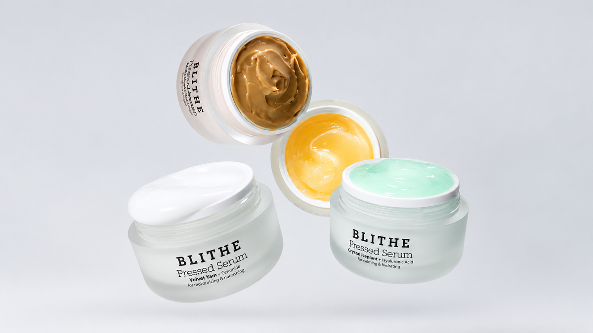 Four open BLITHE Pressed Serum jars showing Chaga, Apricot, Velvet Yam and Iceplant textures