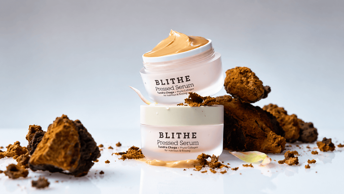 BLITHE Pressed Serum Tundra Chaga jars with golden serum texture and chaga mushrooms