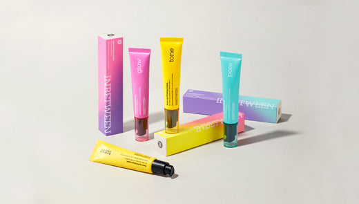 A selection of Blithe inbetween primers (dewy finish, matte finish, tone-up finish) displayed on a light background, highlighting various options for achieving flawless skin with targeted skincare products.