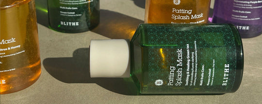 An image showcasing the Blithe Patting Splash Mask in Green Tea variant, elegantly displayed to highlight its soothing and healing properties, indicative of its ability to provide a quick, effective skincare solution in just 15 seconds.