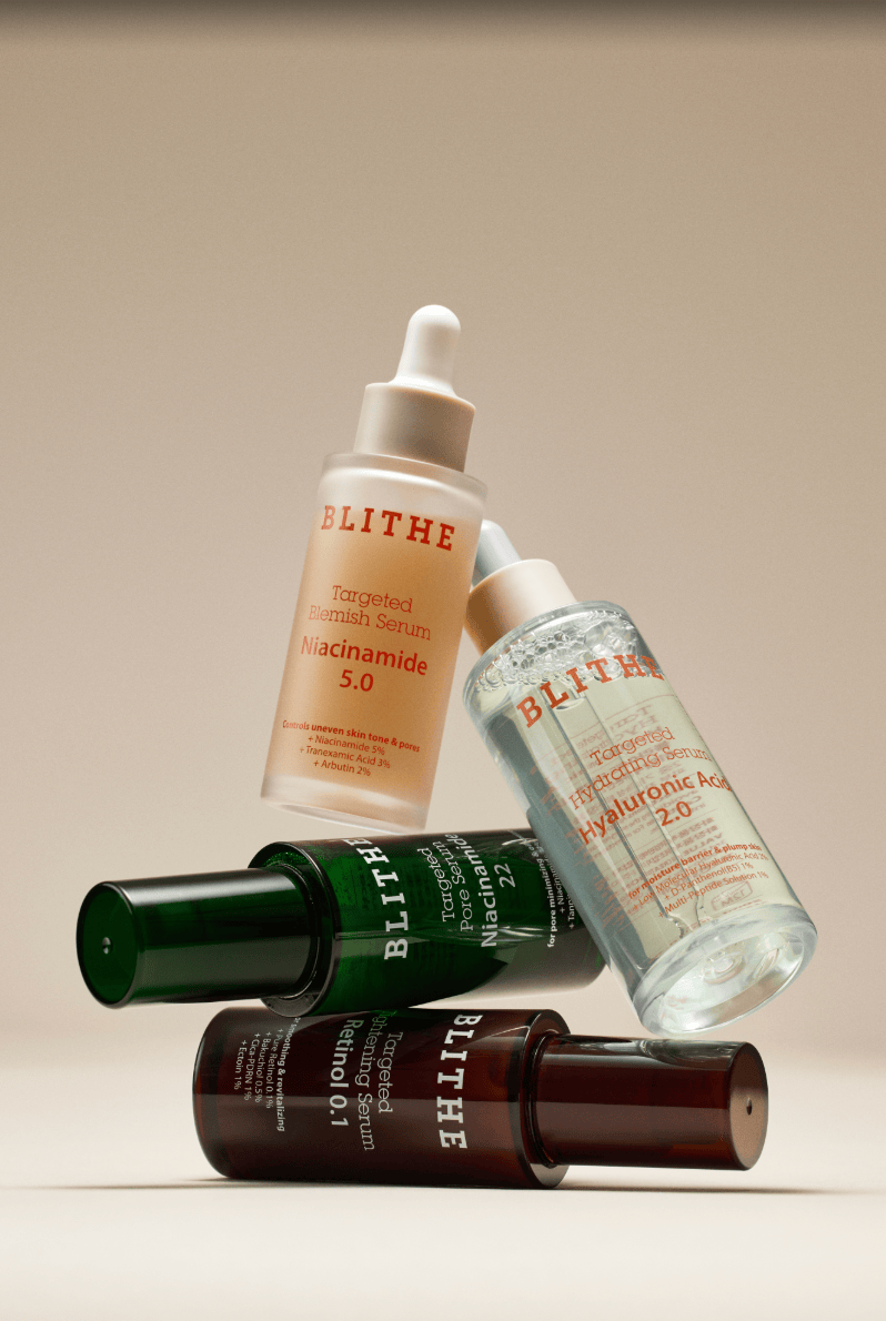 Four Pressed Serum beauty products by Blithe Cosmetics