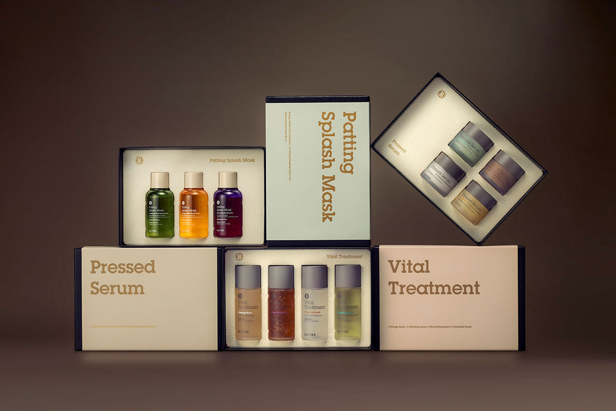 Blithe Cosmetics skincare gift sets against a brown background