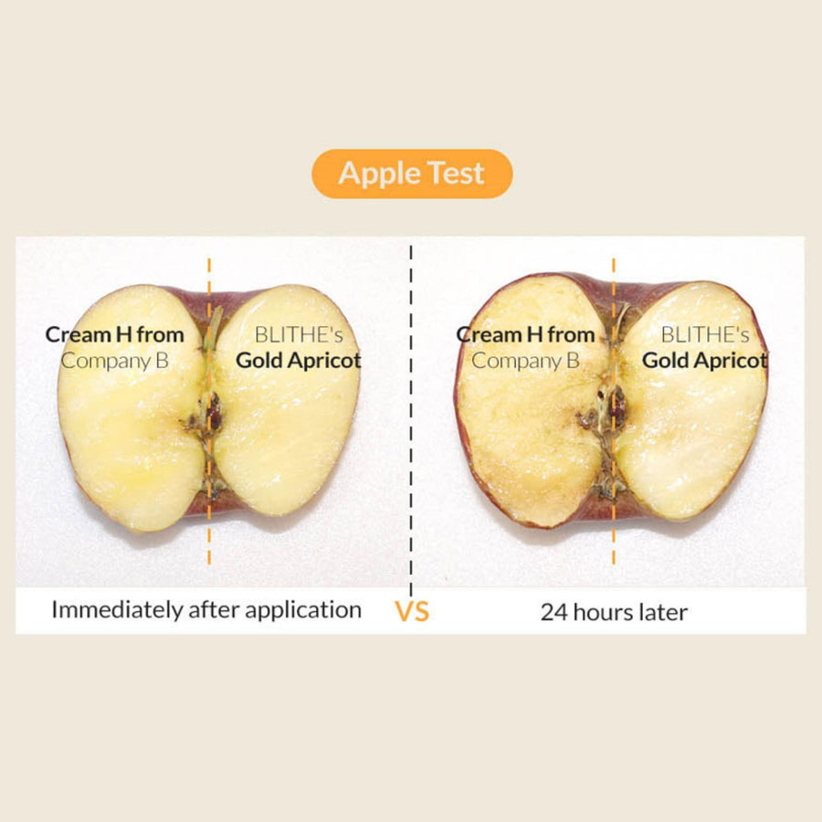 An apple test before and after using Blithe’s Gold Apricot serum