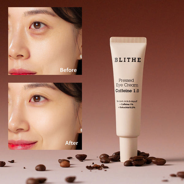 before and after photo next to Blithe’s pressed eye cream caffeine 1.0