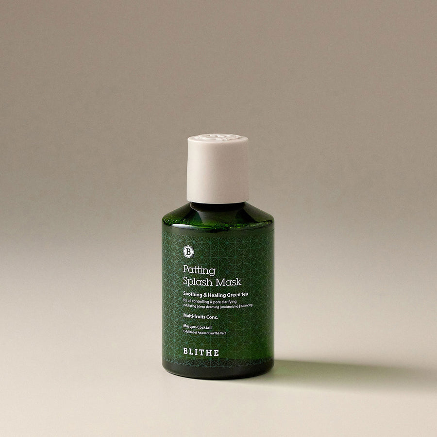a green bottle of Blithe Cosmetics’ Patting Splash Mask