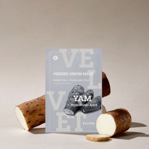 Blithe Cosmetics’ Pressed Serum Mask displayed near yams